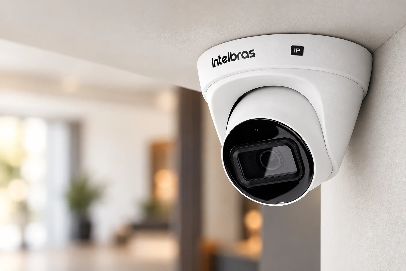 Composição ilustrativa de câmera IP Intelbras em ambiente com iluminação suave