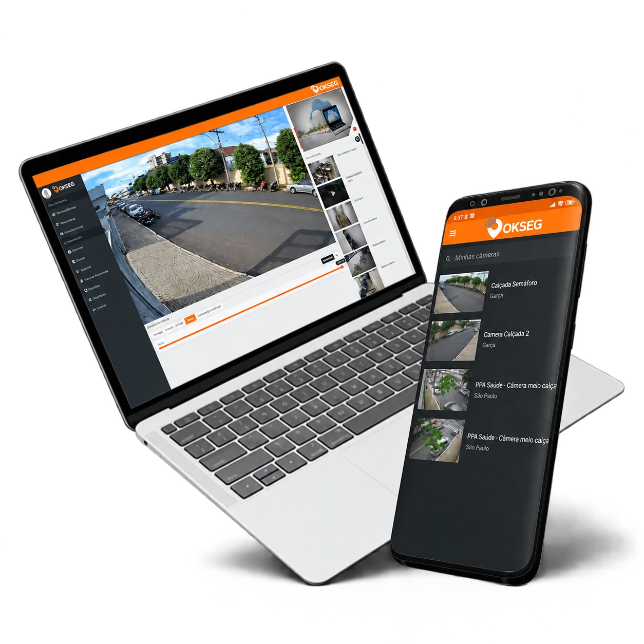Notebook e celular mostrando imagens de câmeras de segurança