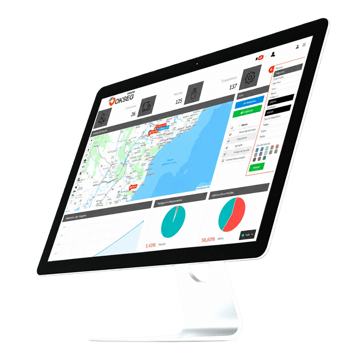 Monitor mostrando um mapa da plataforma de rastreamento